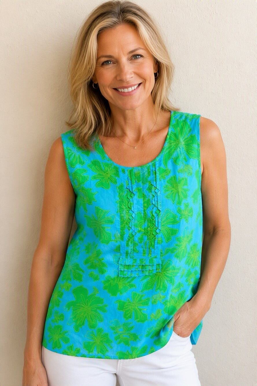 Tory Burch Tank Top Women's Sz 14Bright Green Blue Leaf Ruffled Button Shirt Lux